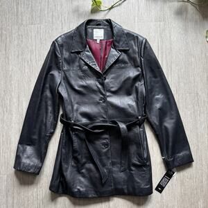 Vintage 90s Anne Klein Black Leather Jacket Coat Lamb Skin NWT Belted Womens M